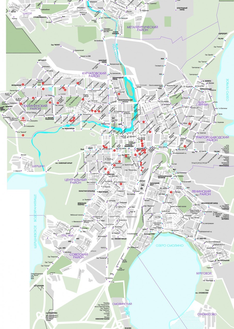 Карта Челябинска (Россия) на русском языке, расположение на карте мира сгородами, метро, центра, районов и округов