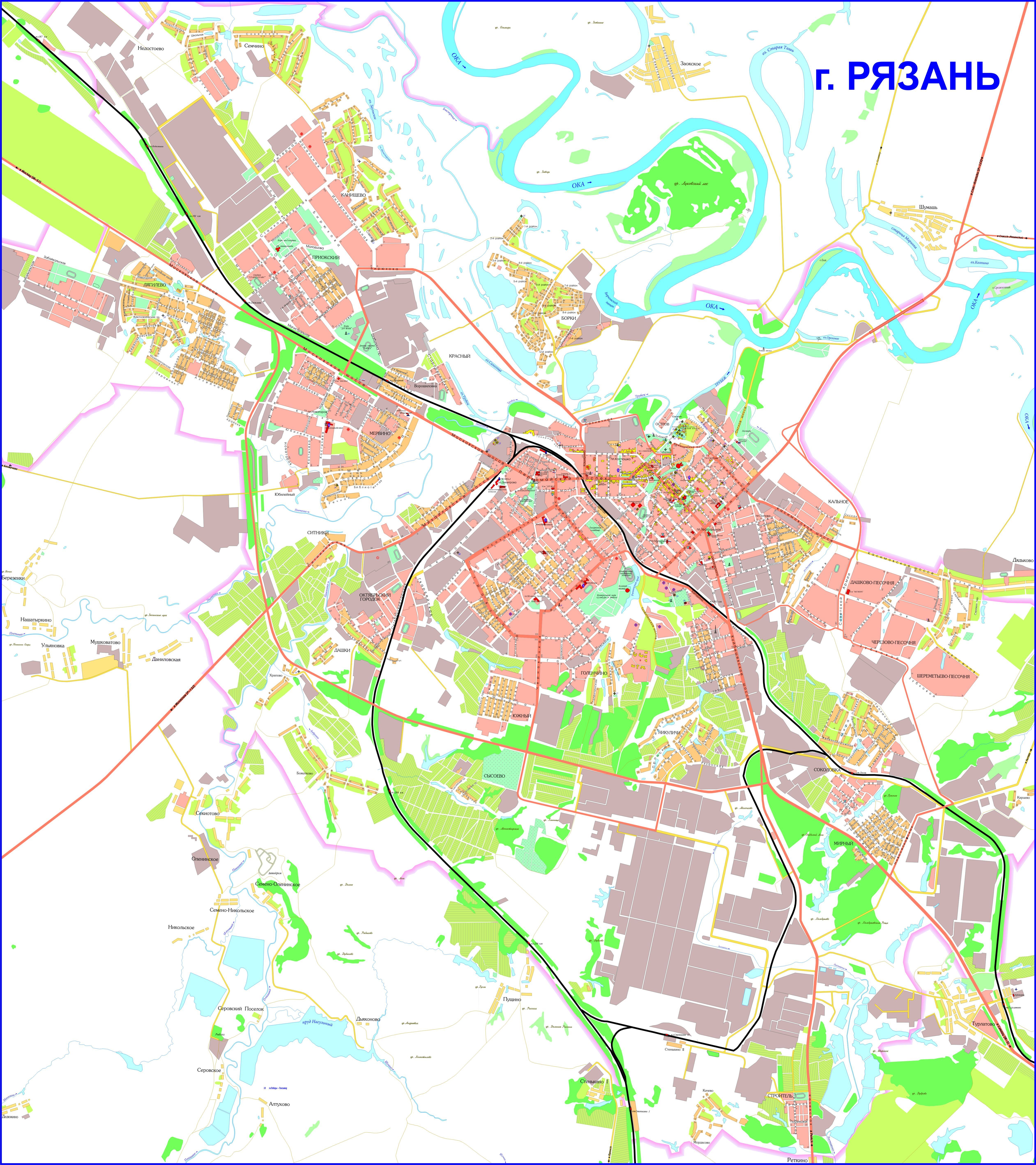 Карта Рязани (Россия) на русском языке, расположение на карте мира сгородами, метро, центра, районов и округов