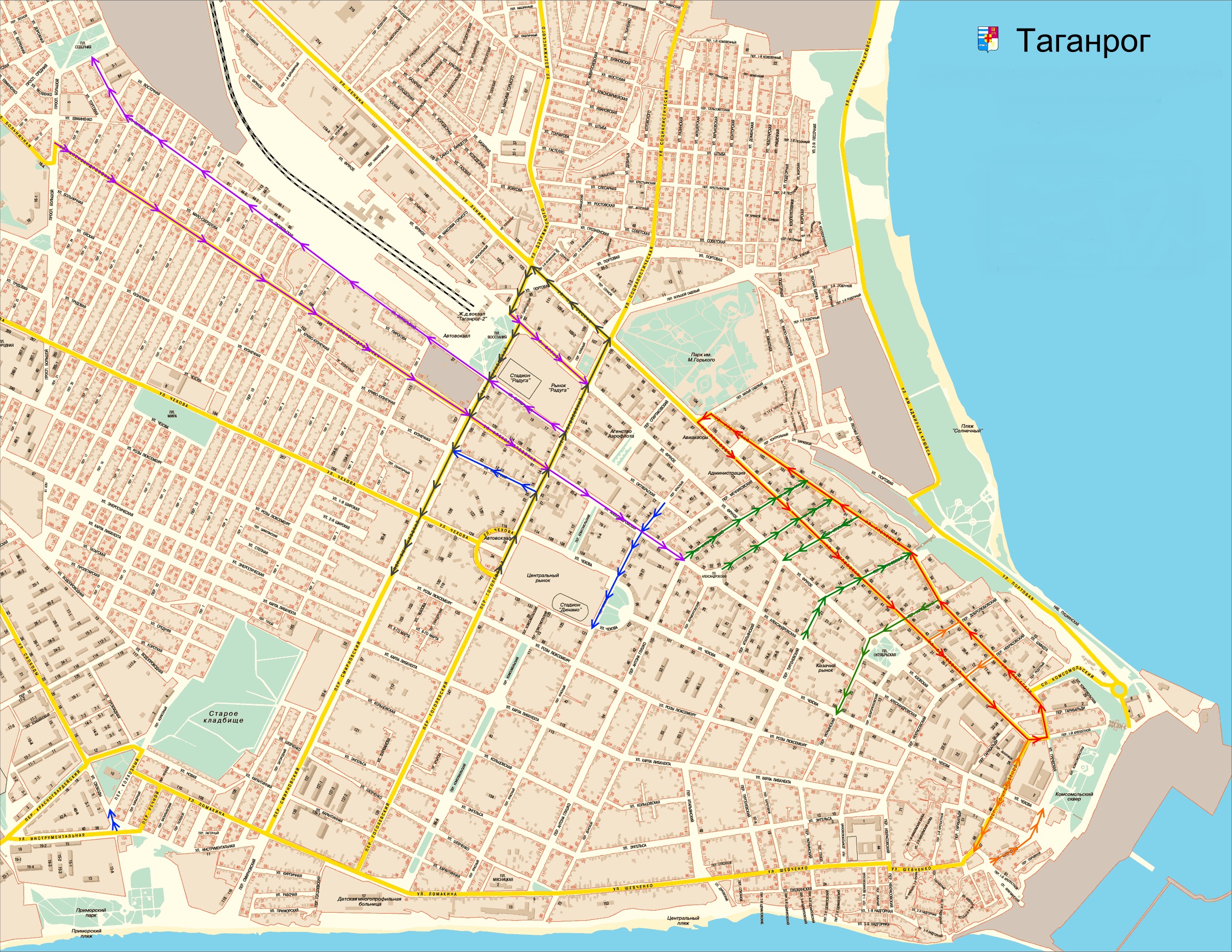 Карта Таганрога (Россия) на русском языке, расположение на карте мира сгородами, метро, центра, районов и округов