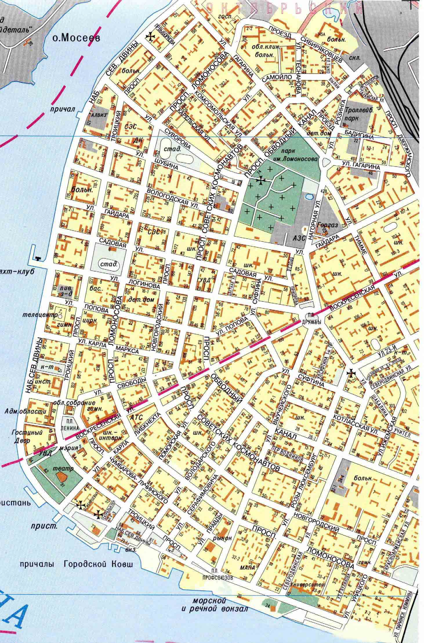 Карта Архангельска (Россия) на русском языке, расположение на карте мира сгородами, метро, центра, районов и округов