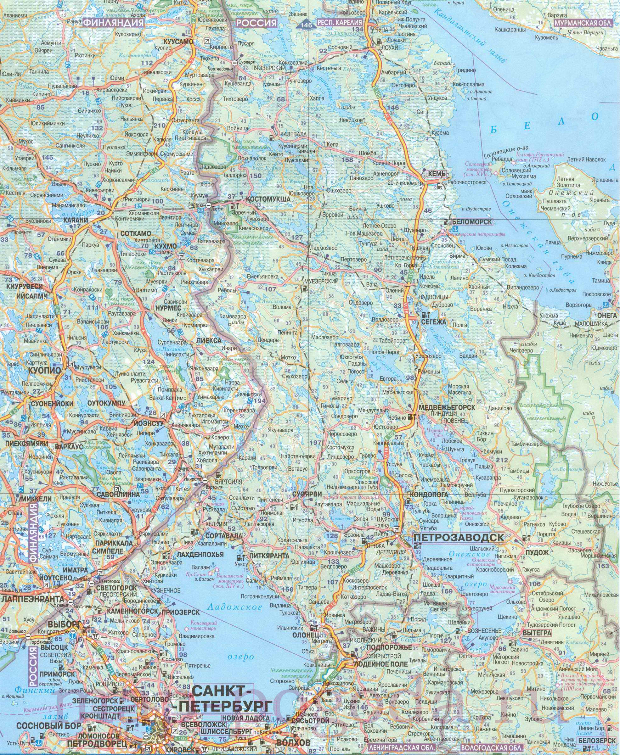 Карта Республики Карелия (Россия) на русском языке, расположение на картемира с городами, метро, центра, районов и округов