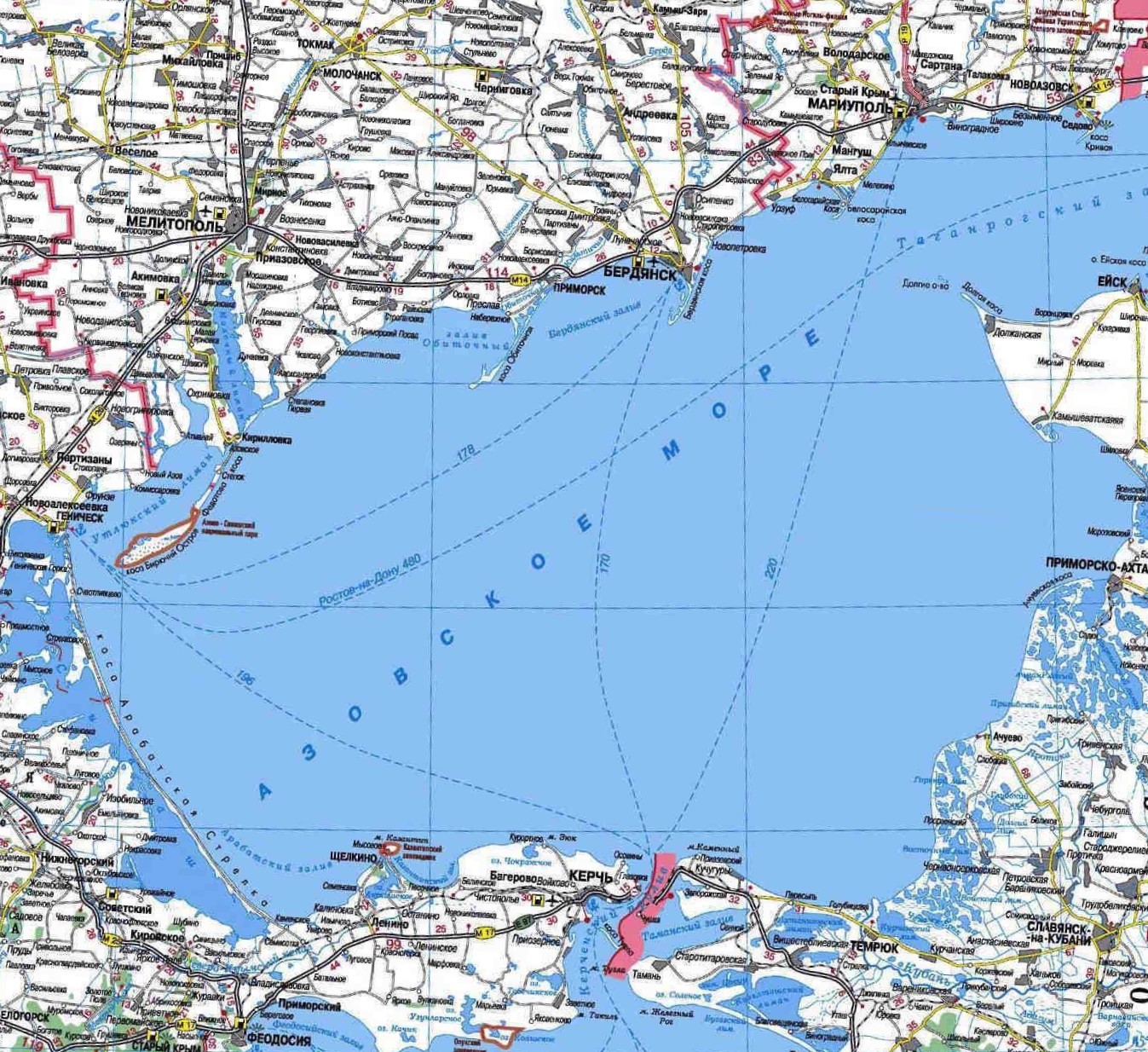 Карта Азовского моря (Россия) на русском языке, расположение на карте мирас городами, метро, центра, районов и округов