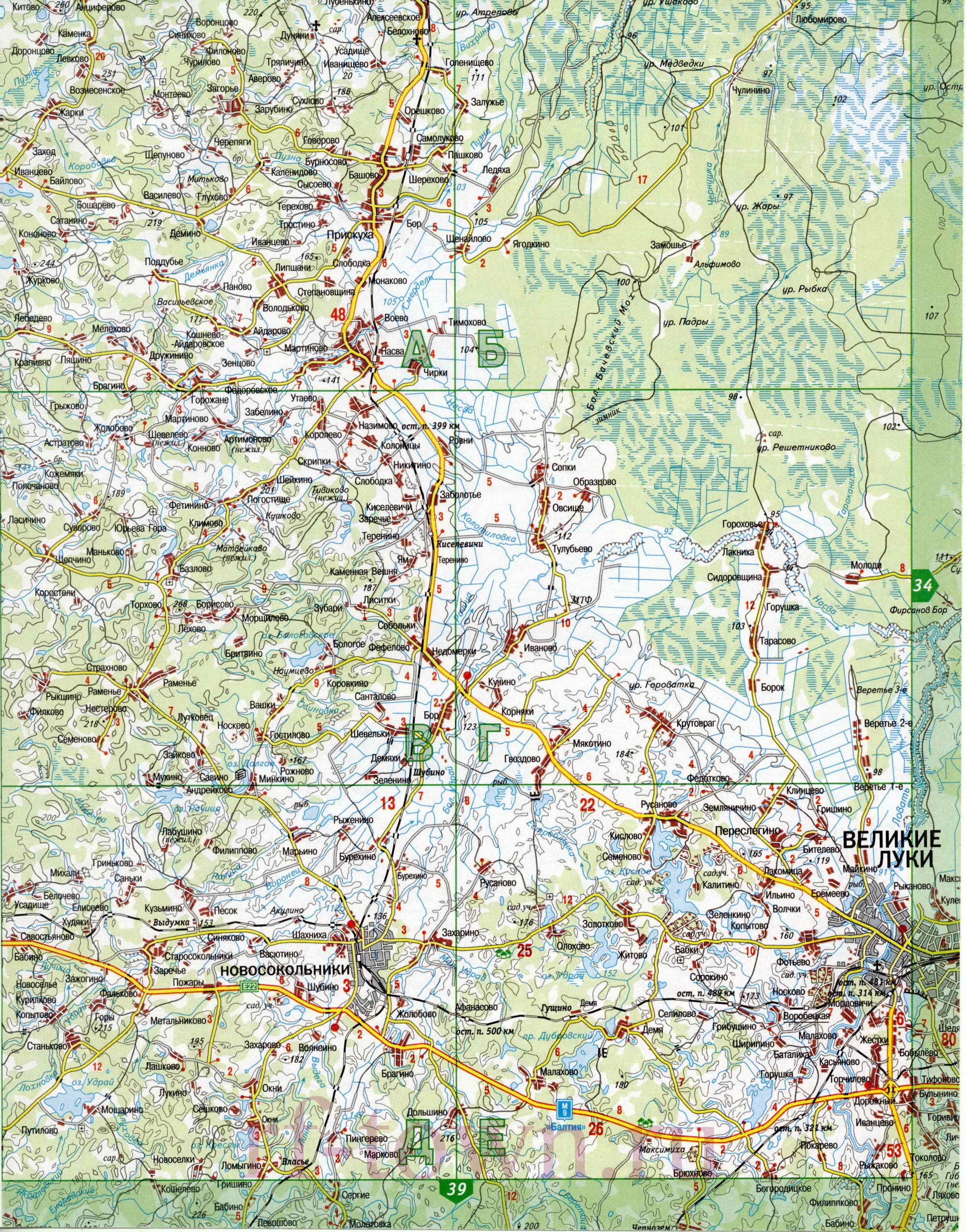 Карта Великих Лук (Россия) на русском языке, расположение на карте мира сгородами, метро, центра, районов и округов