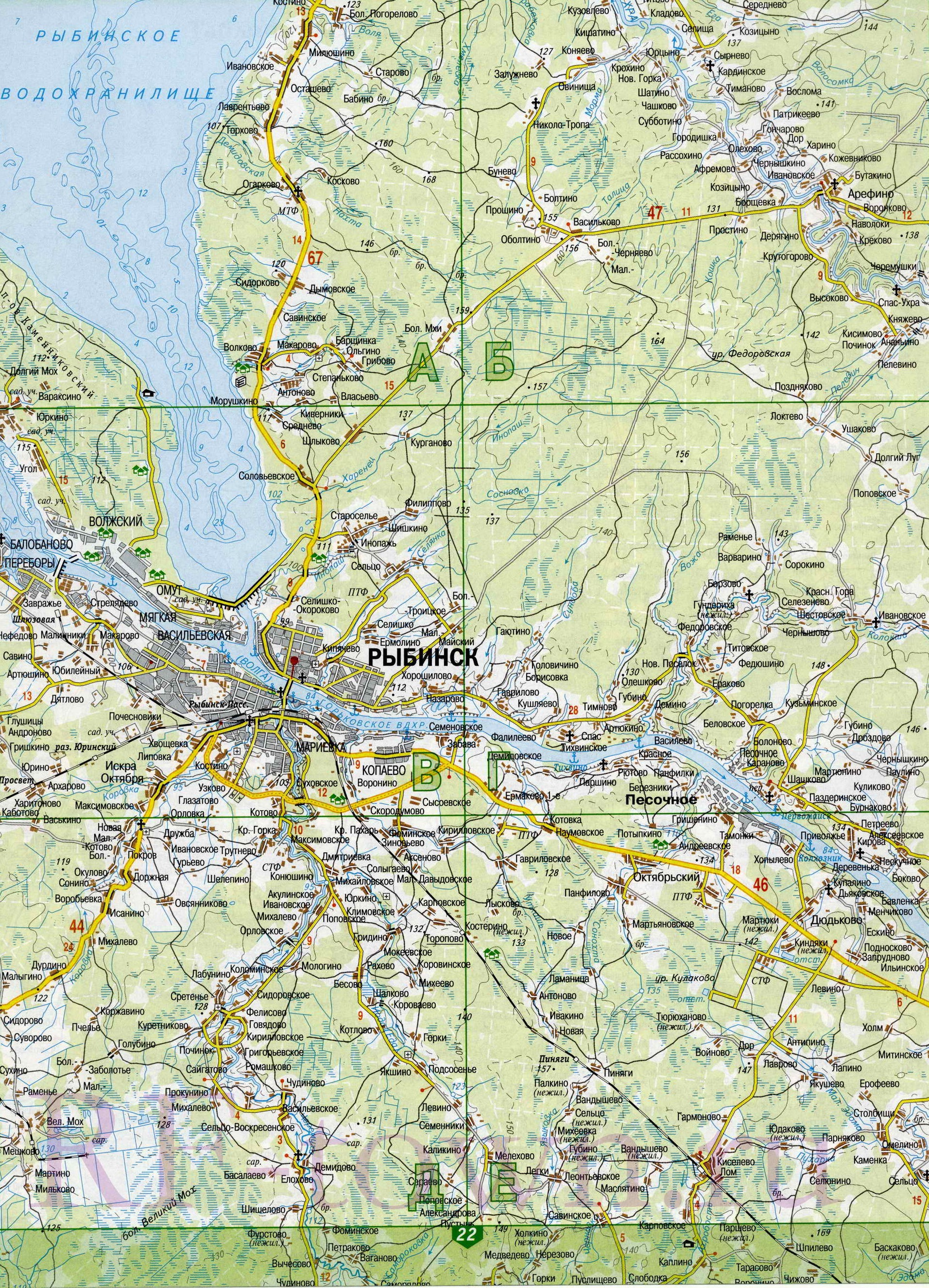 Карта Рыбинска (Россия) на русском языке, расположение на карте мира сгородами, метро, центра, районов и округов