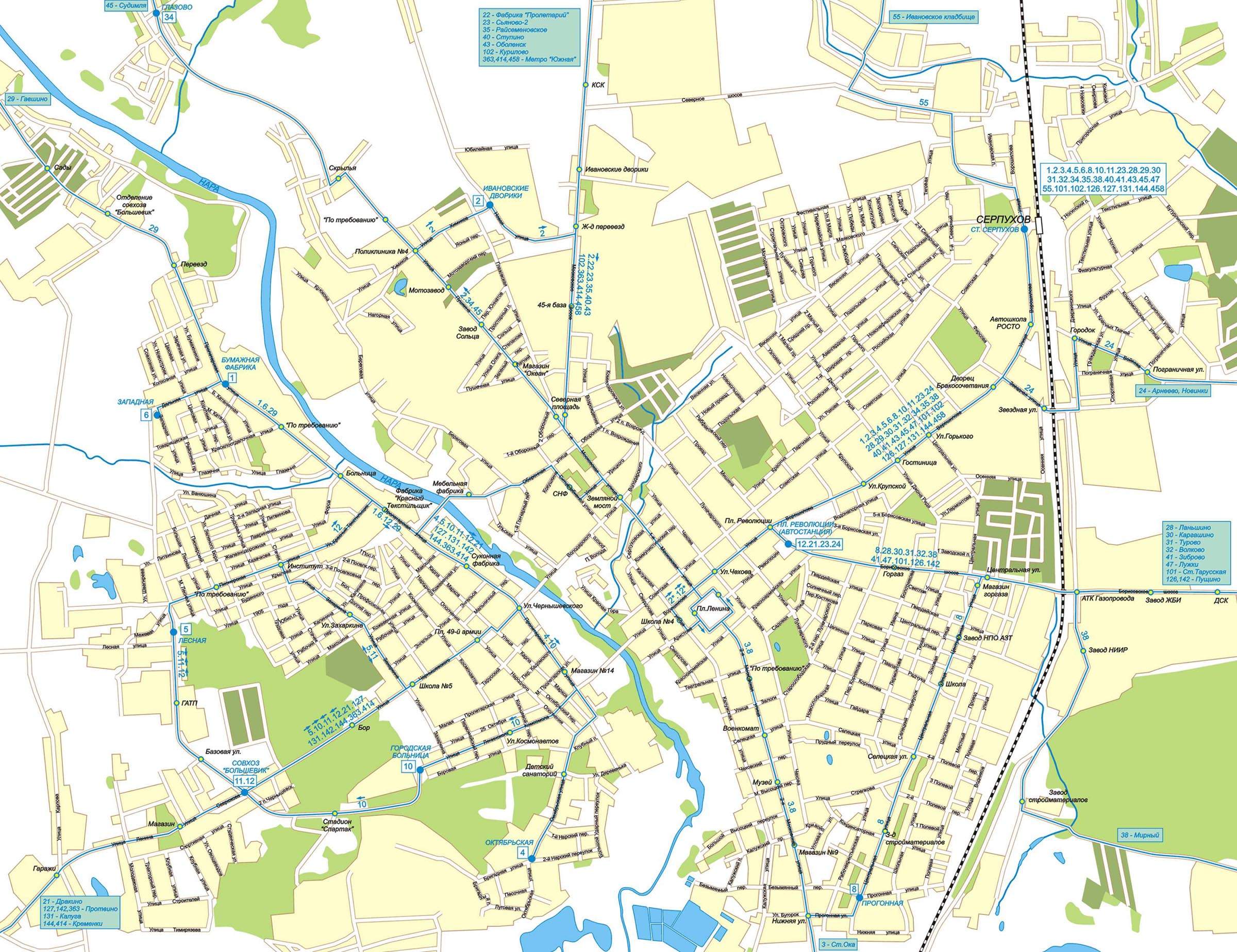 Карта Серпухова (Россия) на русском языке, расположение на карте мира сгородами, метро, центра, районов и округов