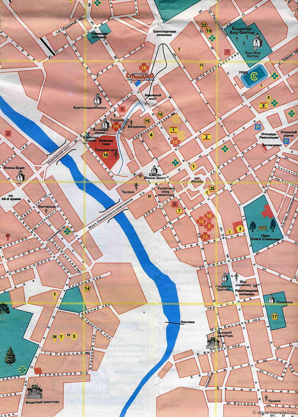 Карта Серпухова (Россия) на русском языке, расположение на карте мира сгородами, метро, центра, районов и округов