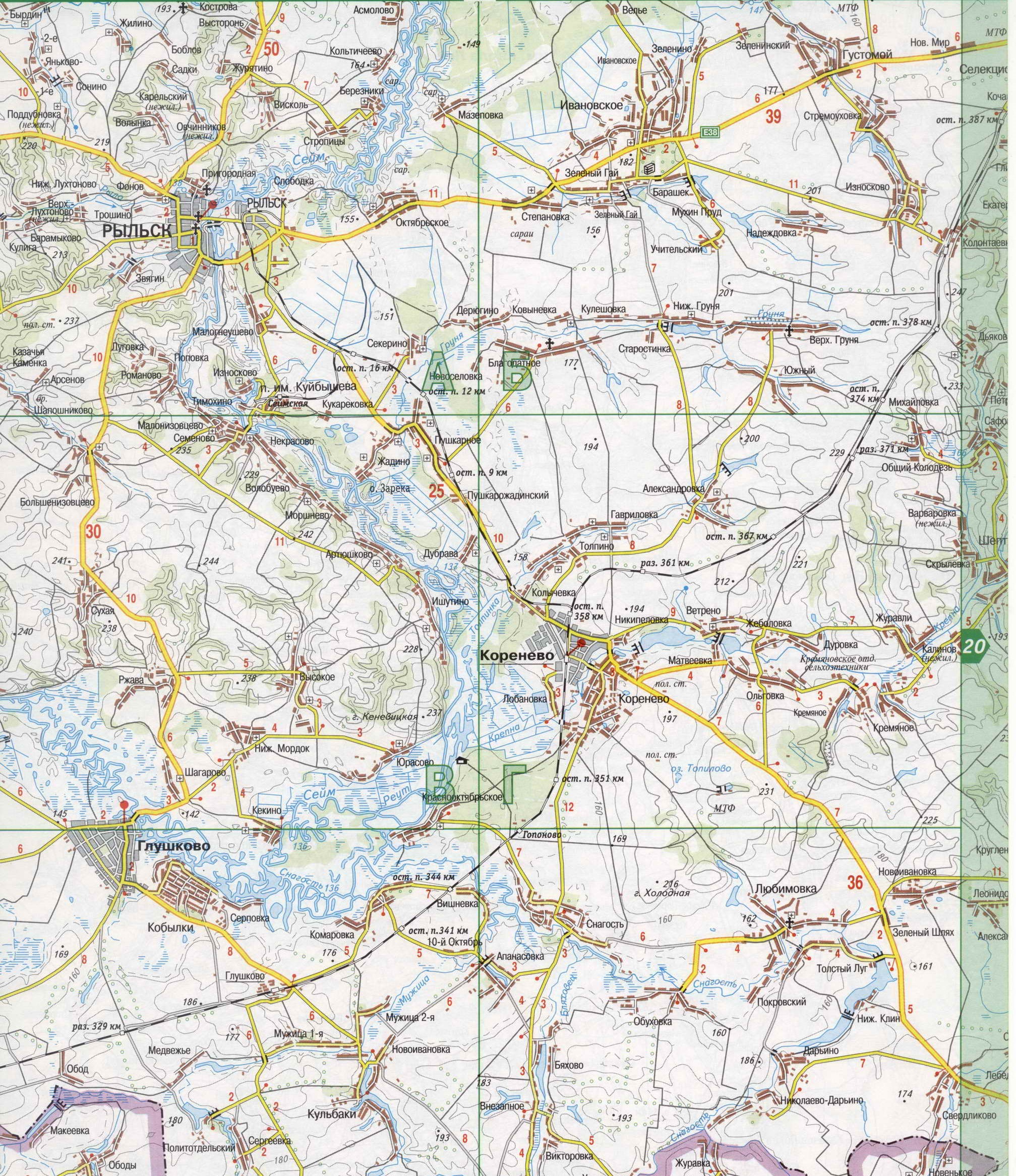 Карта Курской области (Россия) на русском языке, расположение на карте мирас городами, метро, центра, районов и округов