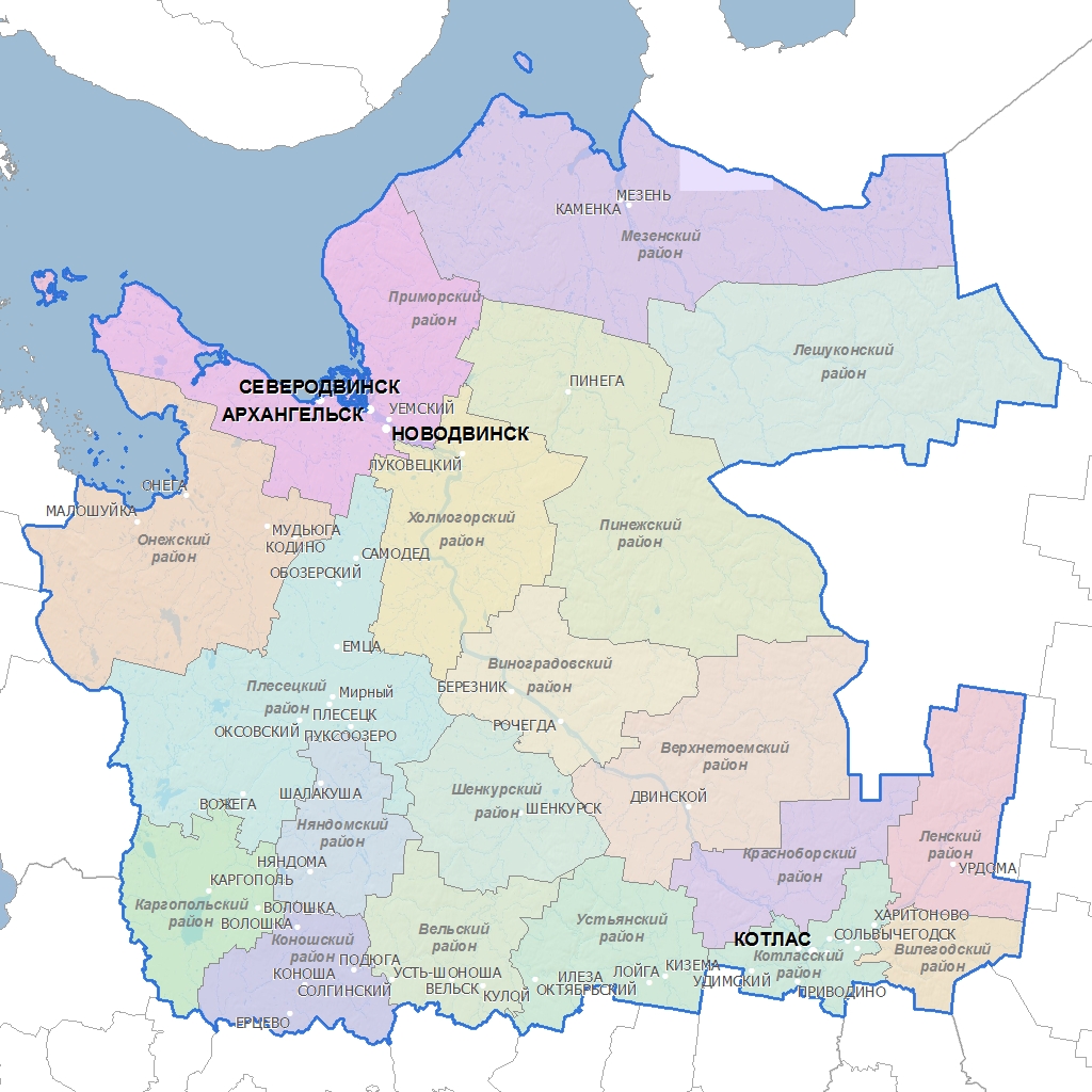 Карта Архангельской области (Россия) на русском языке, расположение на картемира с городами, метро, центра, районов и округов