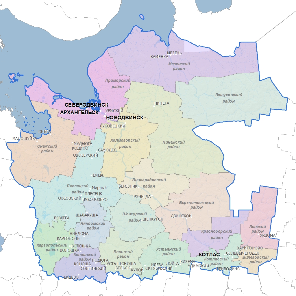 Карта Архангельской области (Россия) на русском языке, расположение на ...