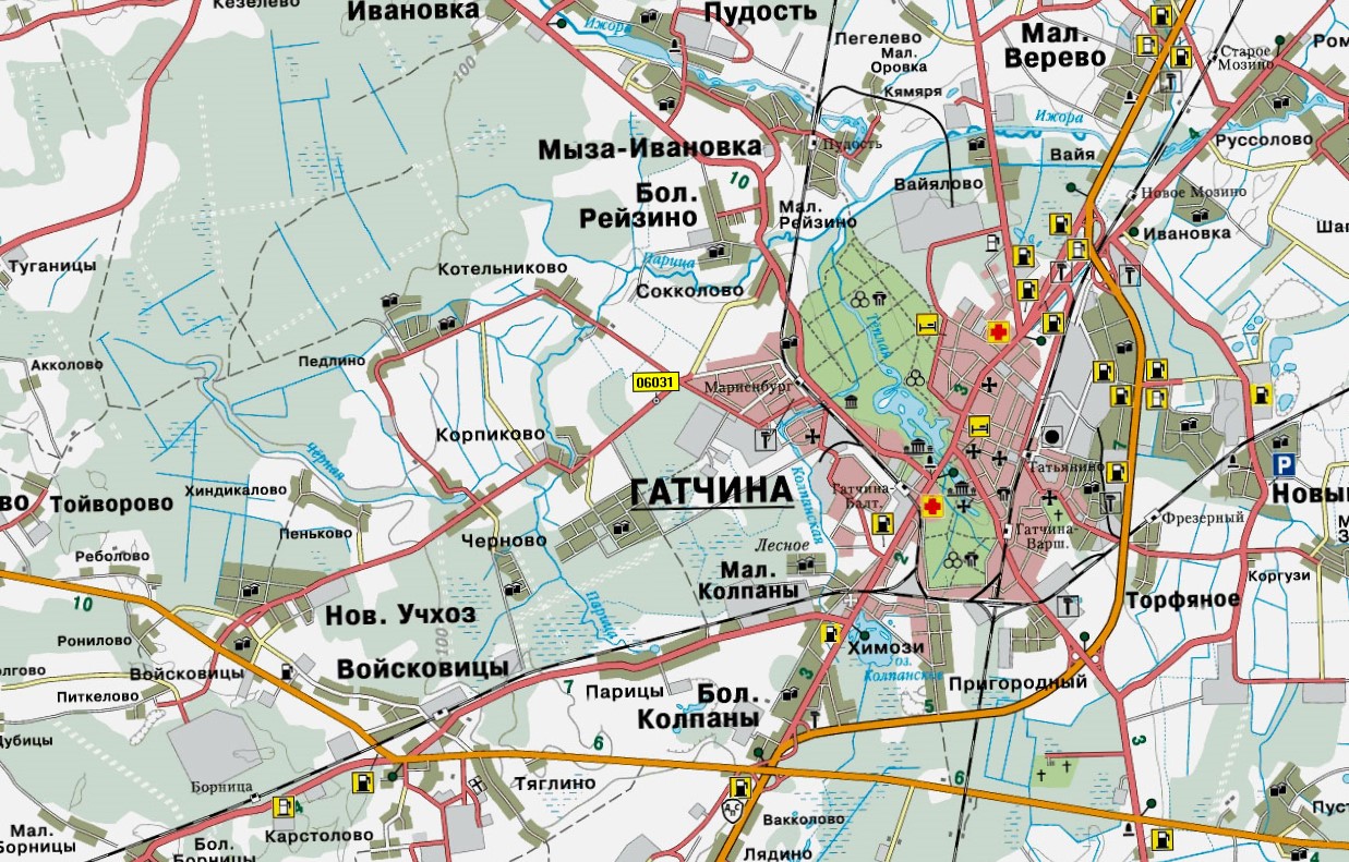 Карта Гатчины (Россия) на русском языке, расположение на карте мира сгородами, метро, центра, районов и округов