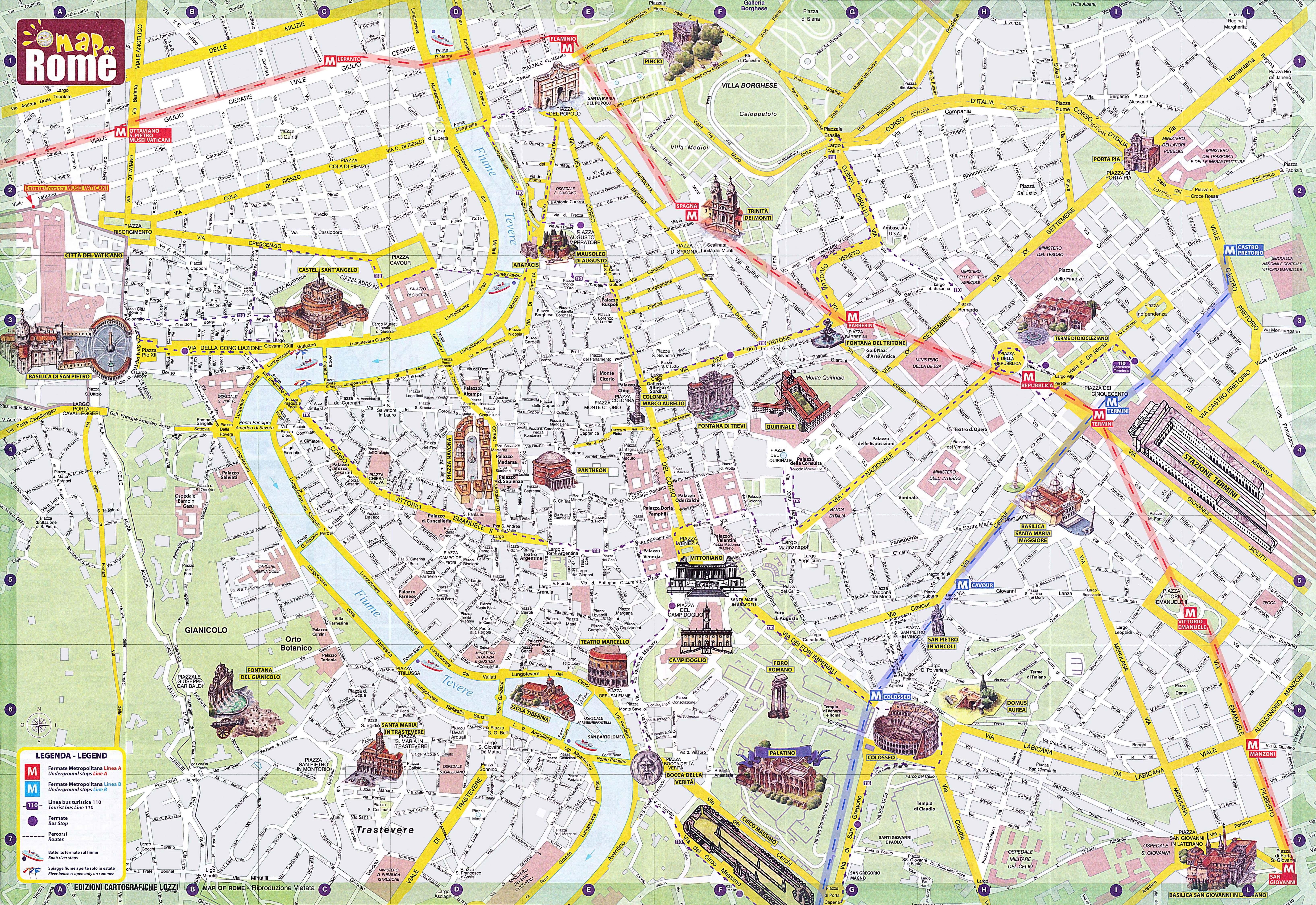 Карта Рима (Италия) на русском языке, расположение на карте мира с городами,метро, центра, районов и округов