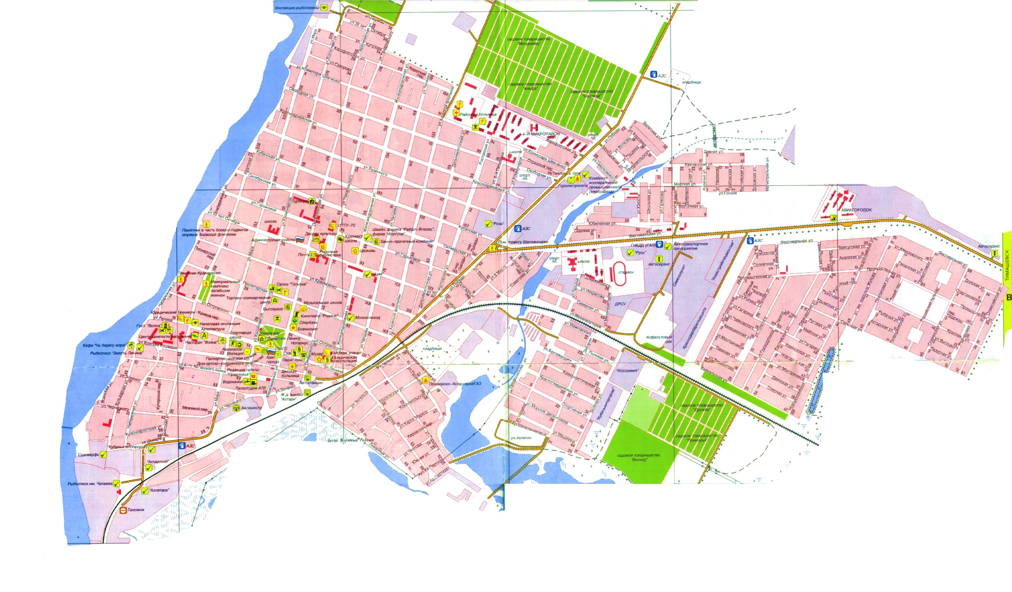 Карта Приморско-Ахтарска (Россия) на русском языке, расположение на карте мира с городами, метро, центра, районов и округов