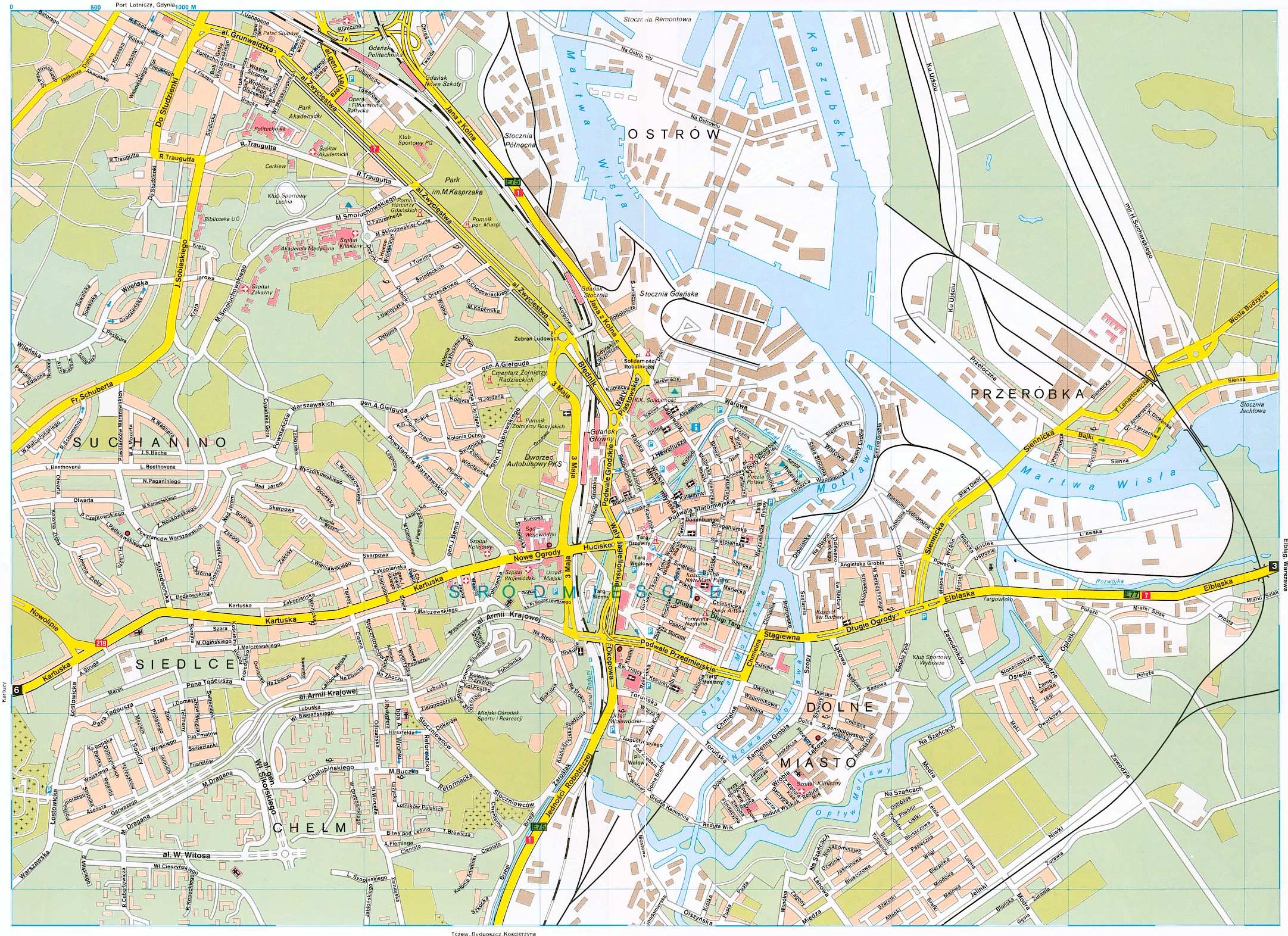 Карта Гданьска (Польша) на русском языке, расположение на карте мира сгородами, метро, центра, районов и округов