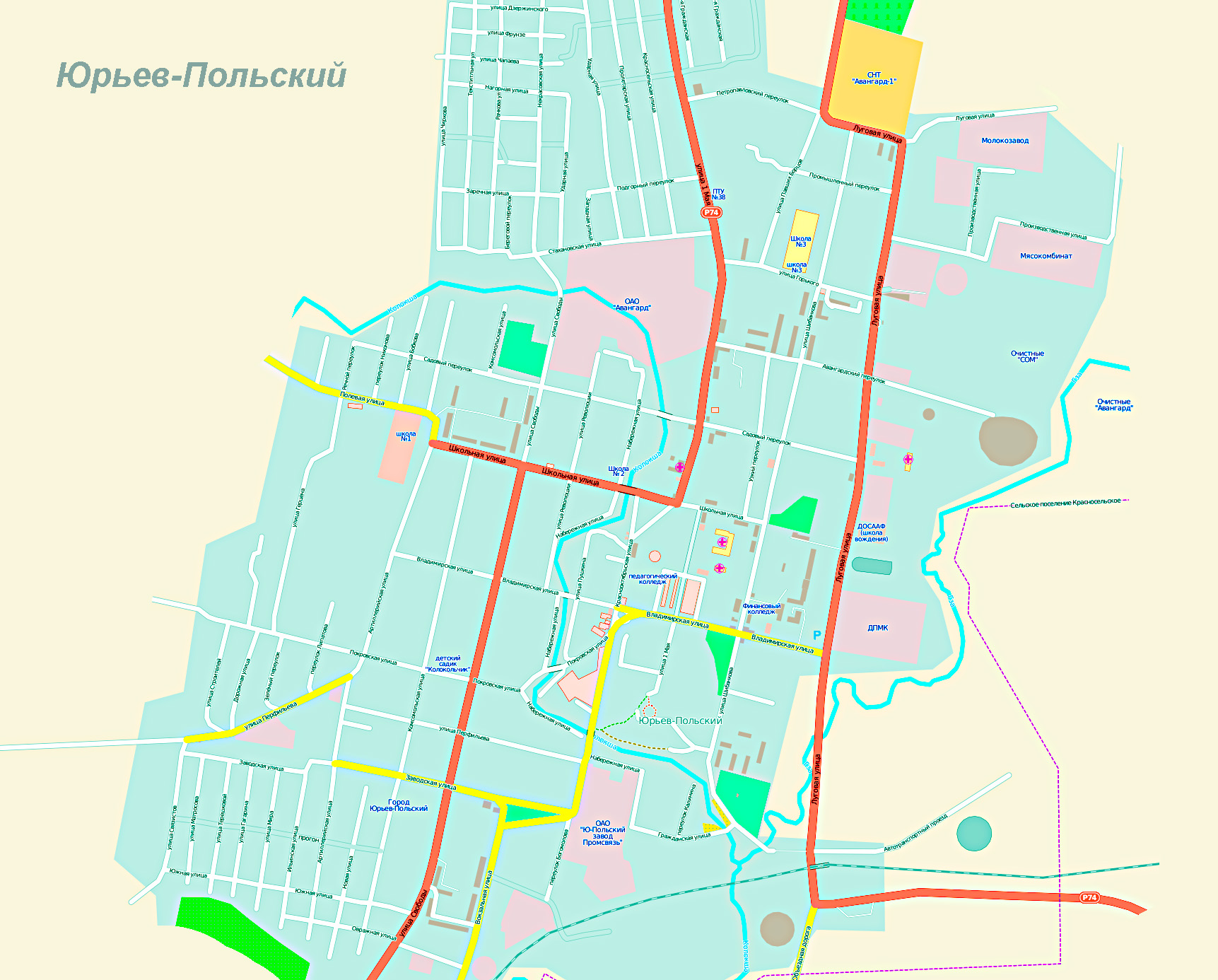 Карта Юрьев-Польского (Россия) на русском языке, расположение на карте мирас городами, метро, центра, районов и округов