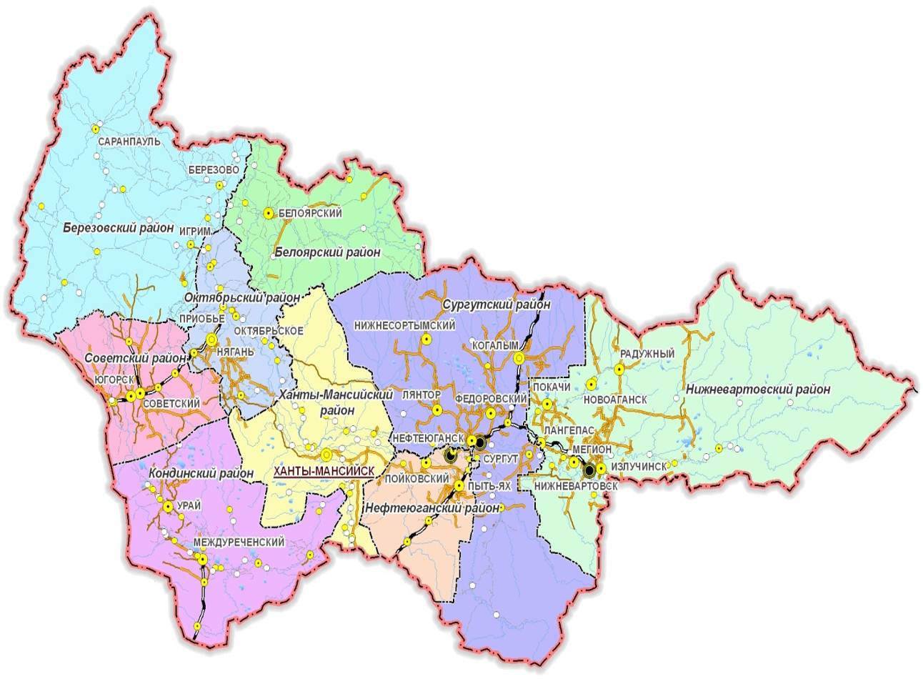 Карта Ханты-Мансийского автономного округа (Россия) на русском языке,расположение на карте мира с городами, метро, центра, районов и округов