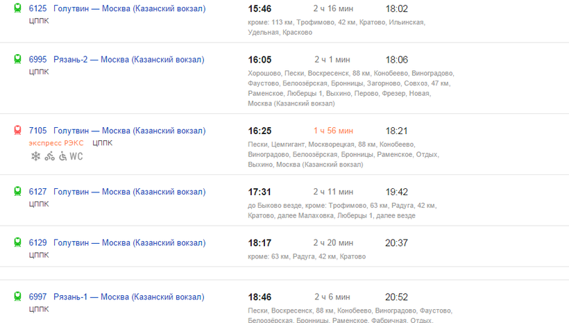 Казанский вокзал голутвин расписание на завтра