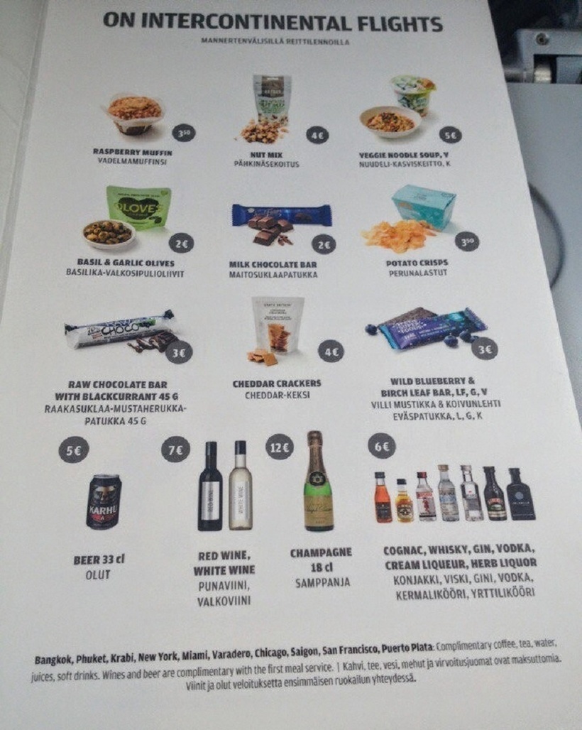цены на напитки и закуски на борту FinnAir