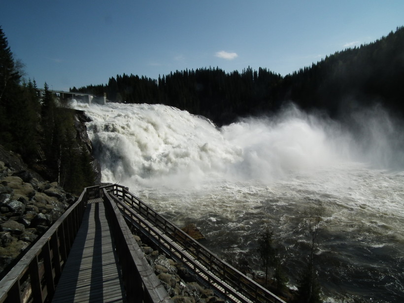 Fiskumfossen - знаменитый водопад лосося в июле