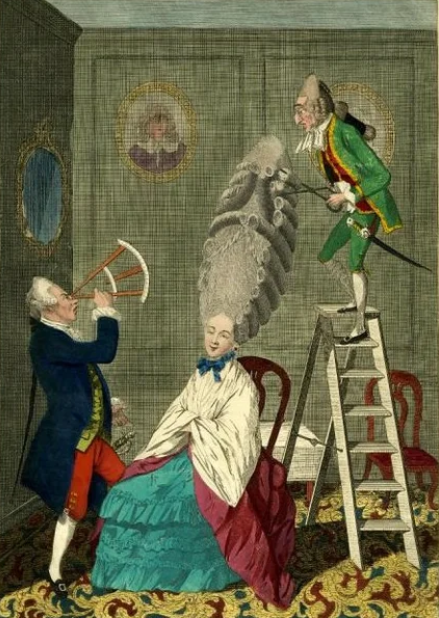 Карикатура, изображающая парикмахера, трудящегося над высокой прической