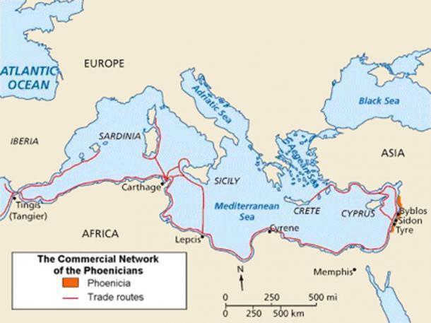 Карта финикийского влияния на бассейн Средиземного моря Карта финикийского влияния на бассейн Средиземного моря