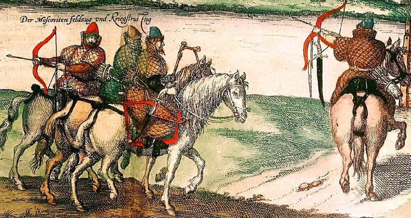 Воины русской поместной конницы в тегиляях. Иллюстрация из издания «Записок о Московии» Сигизмунда Герберштейна 1556 г. Воины русской поместной конницы в тегиляях. Иллюстрация из издания «Записок о Московии» Сигизмунда Герберштейна 1556 г.
