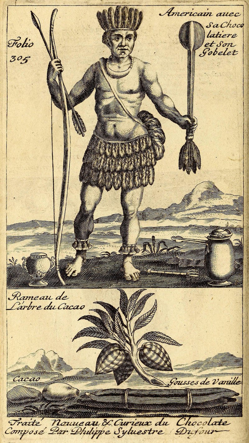 Французский трактат 1671 года включает в себя рисунок коренного американца, растение какао и инструменты для приготовления шоколада