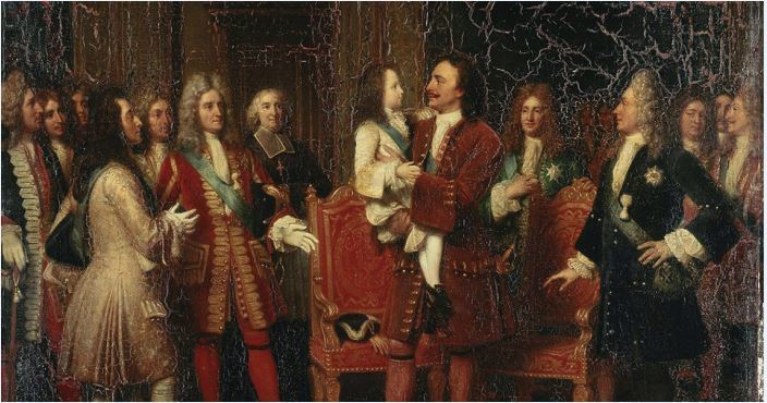 10 мая 1717 года. Петр I держит на руках будущего короля Франции Людовика XV Возлюбленного. Картина Луизы Херсент, находящаяся в Версальском дворце.