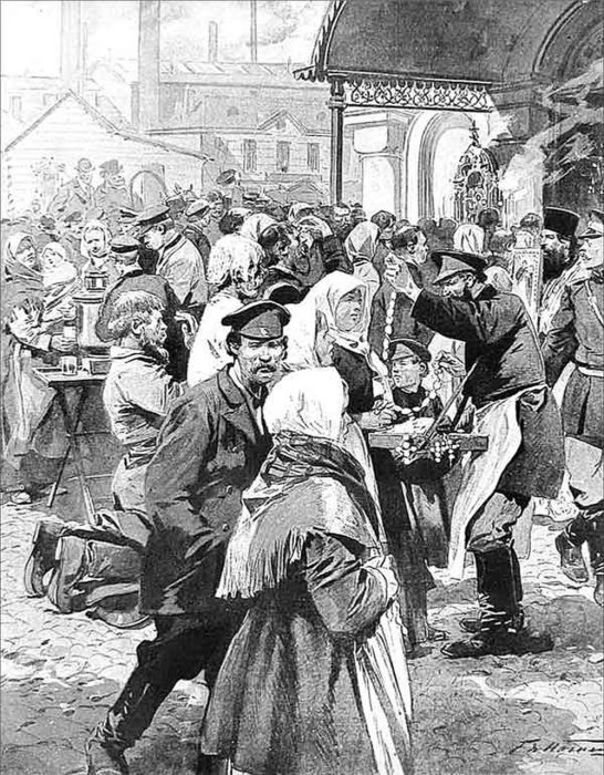 Продажа амулетов от холеры. Журнал «Огонек». 1908 год Продажа амулетов от холеры. Журнал «Огонек». 1908 год