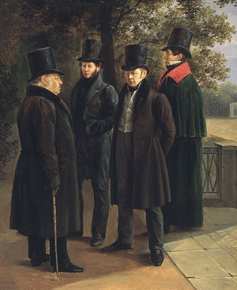 «Крылов, Пушкин, Жуковский и Гнедич в Летнем саду», 1832 год. Григорий Чернецов «Крылов, Пушкин, Жуковский и Гнедич в Летнем саду», 1832 год. Григорий Чернецов