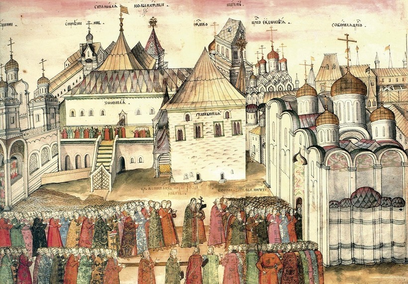 «Шествие по Соборной площади Московского Кремля». Миниатюра из книги «Шествие по Соборной площади Московского Кремля». Миниатюра из книги