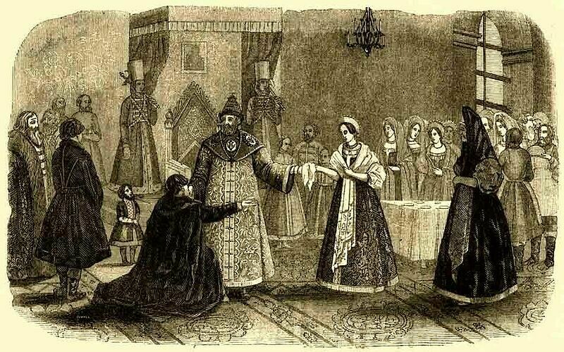 «Избрание Натальи Кирилловны Нарышкиной невестой царя Алексея Михайловича. 1670 г.», 1840-е гг. Гравюра Ельвале «Избрание Натальи Кирилловны Нарышкиной невестой царя Алексея Михайловича. 1670 г.», 1840-е гг. Гравюра Ельвале