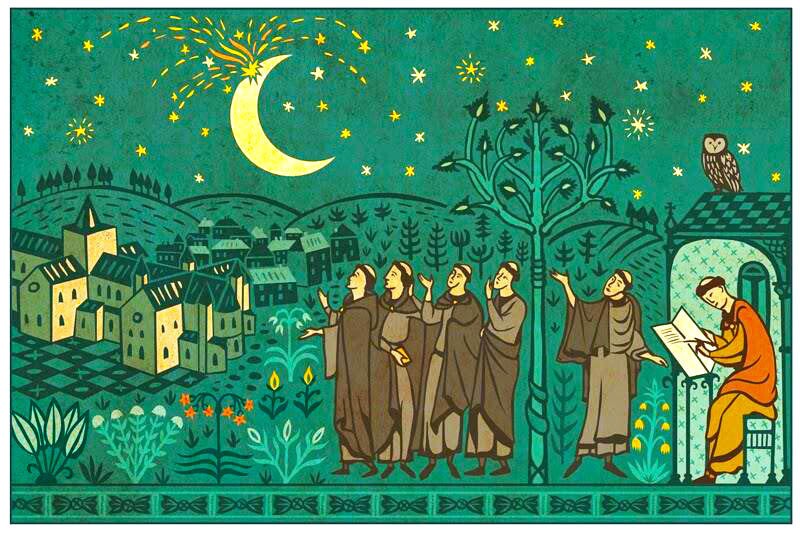 Взрыв луны на средневековой иллюстрации Взрыв луны на средневековой иллюстрации