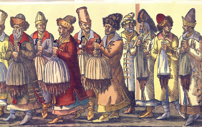 Русское посольство (гравюра 1576 г.). Поднесение даров русским посольством императору Максимилиану II