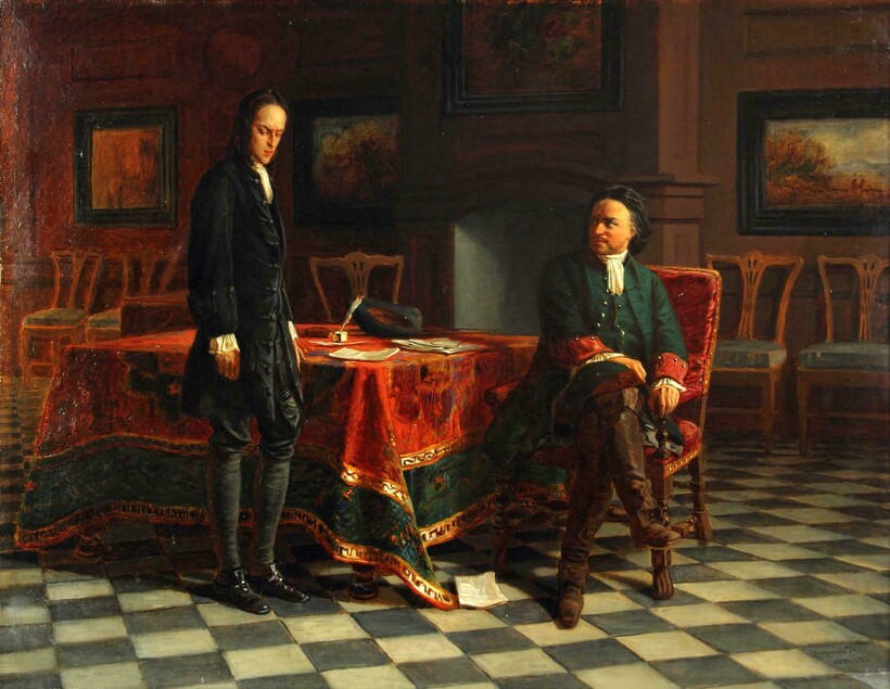 «Петр I допрашивает царевича Алексея Петровича в Петергофе», 1871 г. Н. Ге «Петр I допрашивает царевича Алексея Петровича в Петергофе», 1871 г. Н. Ге