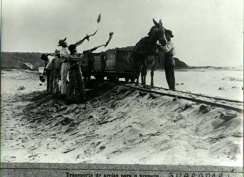 Погрузка песка с местного пляжа в начале ХХ века