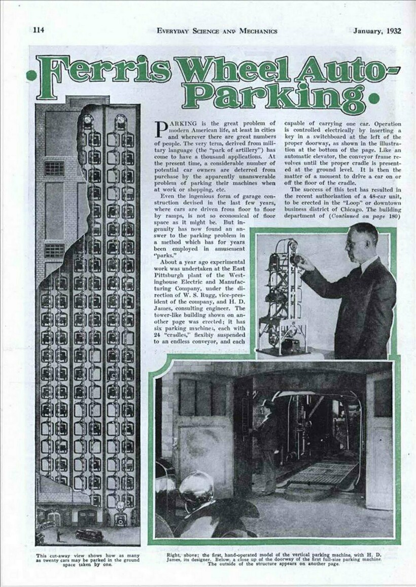 Газета, в которой рассказывалось о преимуществах вертикального паркинга, 1932 год