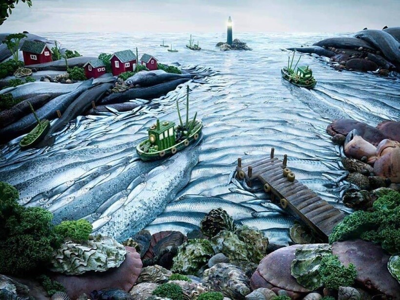 Блог - Лососевые реки и капустные моря: 15 реалистичных пейзажей, созданных из еды Лососевые реки и капустные моря: 15 реалистичных пейзажей, созданных из еды