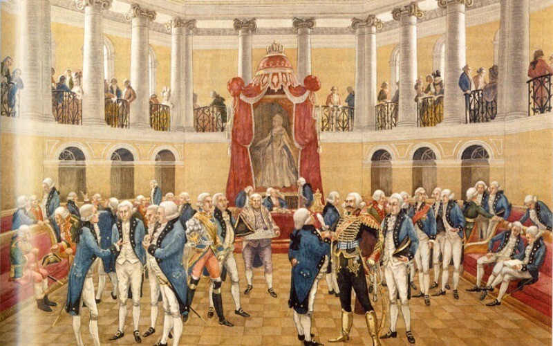 «Дворянское собрание в екатерининские времена». Рисунок В. Чемберса из серии «Картины по русской истории», 1913 г. «Дворянское собрание в екатерининские времена». Рисунок В. Чемберса из серии «Картины по русской истории», 1913 г.